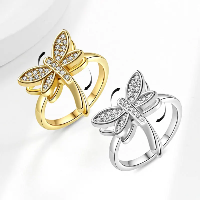 VENTFILLE 925 Sterling Silver Rotatable Insect Elements Dragonfly Ring For Women Gift Relieve Stress Ring Jewelry Wholesale