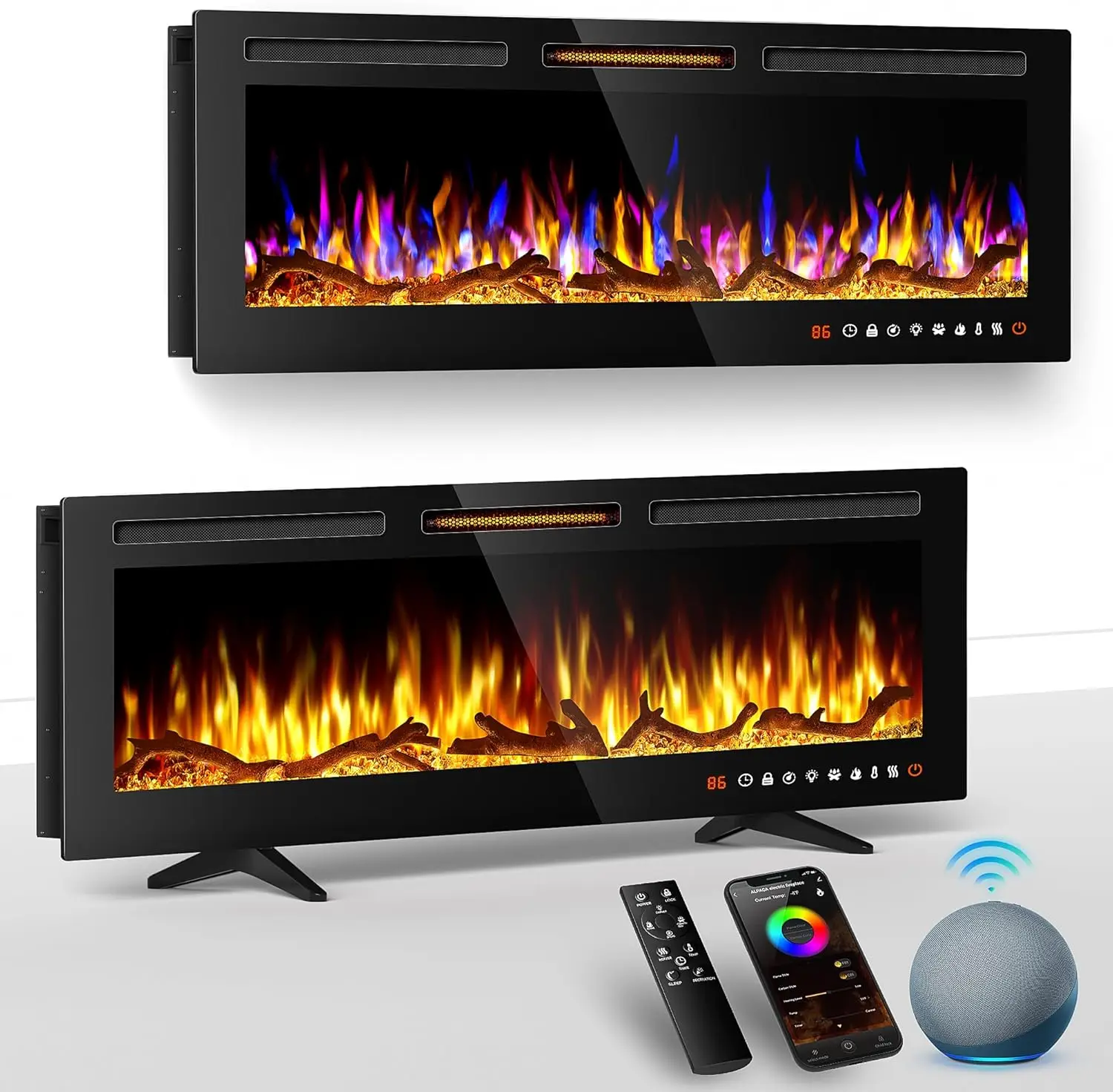 Smart WiFi Electric Fireplace Recessed, Wall Mounted and Freestanding Linear Fireplace