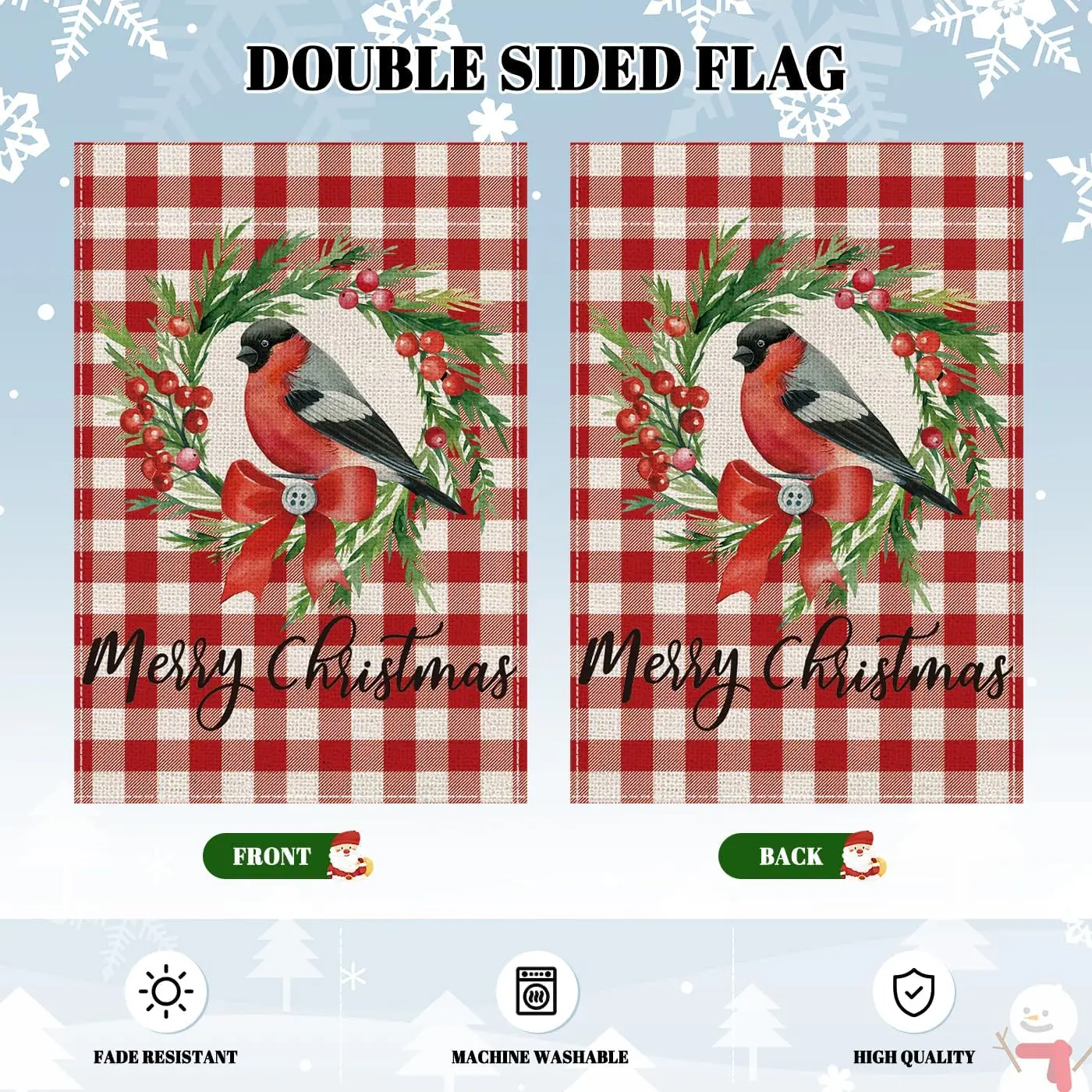 Merry Christmas Garden Flag, Cardinal Red Bird Buffalo Plaid Garden Garland Flag 12 X 18 Inch Double Sided, Christmas Flag Chris