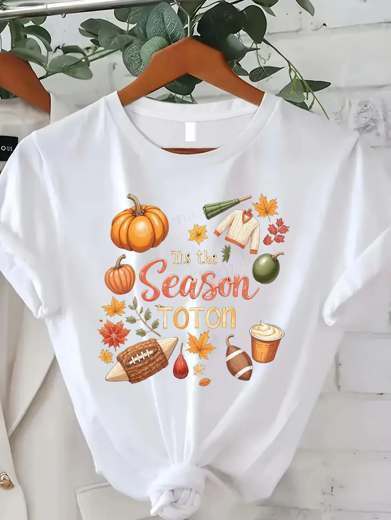 

Comfortable Women's Print T-shirt Fall Season T-Shirt "Tis the Season to Ton" with Pumpkin & Leaves Print