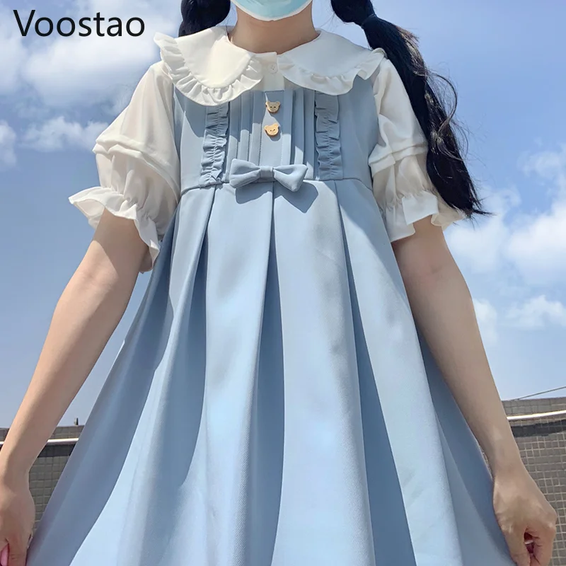 Japanese Sweet Lolita Style Blouses Women Kawaii Peter Pan Collar JK Shirts Girls Cute Ruffles Short Puff Sleeve Blusas Mujer