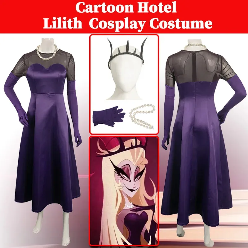 Lilith-vestido de Cosplay para mujer, disfraz de Hotel de dibujos animados de Hazbin, collar, guantes, disfraz de corona, traje de Carnaval de Halloween
