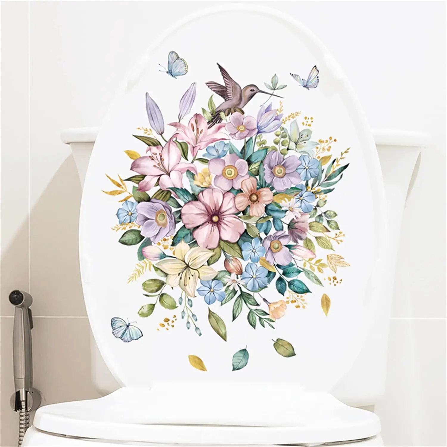 Flowers and Hummingbird Butterfly Toilet Stickers Removable Toilet Lid Wc Refrigerator Vinyl Decals Waterproof Home Decoration