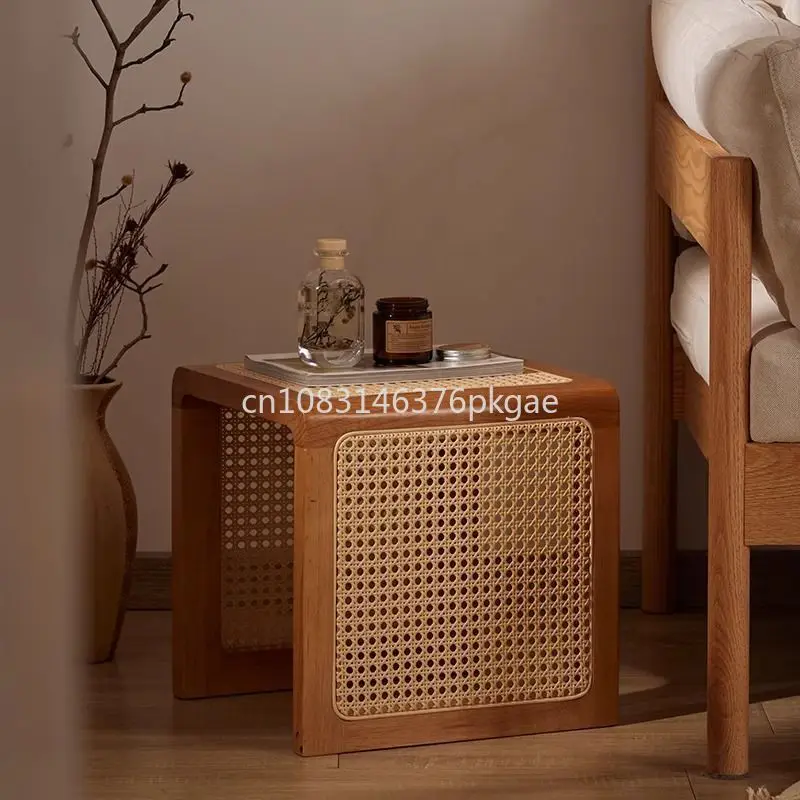 Table basse multifonctionnelle en rotin, bois massif pur, style japonais vintage, zones de table de chevet, tabouret à chaussures