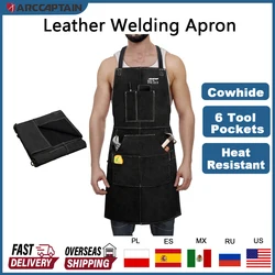 ARCCAPTAIN Leather Welding Work Apron Heat Flame Resistant Cowhide Blacksmith Welding Aprons with 6 Tool Pocket for Welding Work