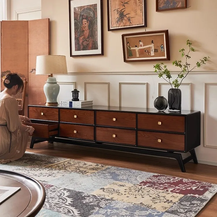 French solid wood TV cabinet, living room floor drawer contrasting color storage cabinet, small apartment Nanyang style storage