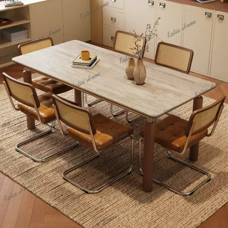 FG Home Modern Simple Solid Wood Rectangular Dining Table Household High-end Travertine Rock Slab Dining Tables Pliante Furnitur