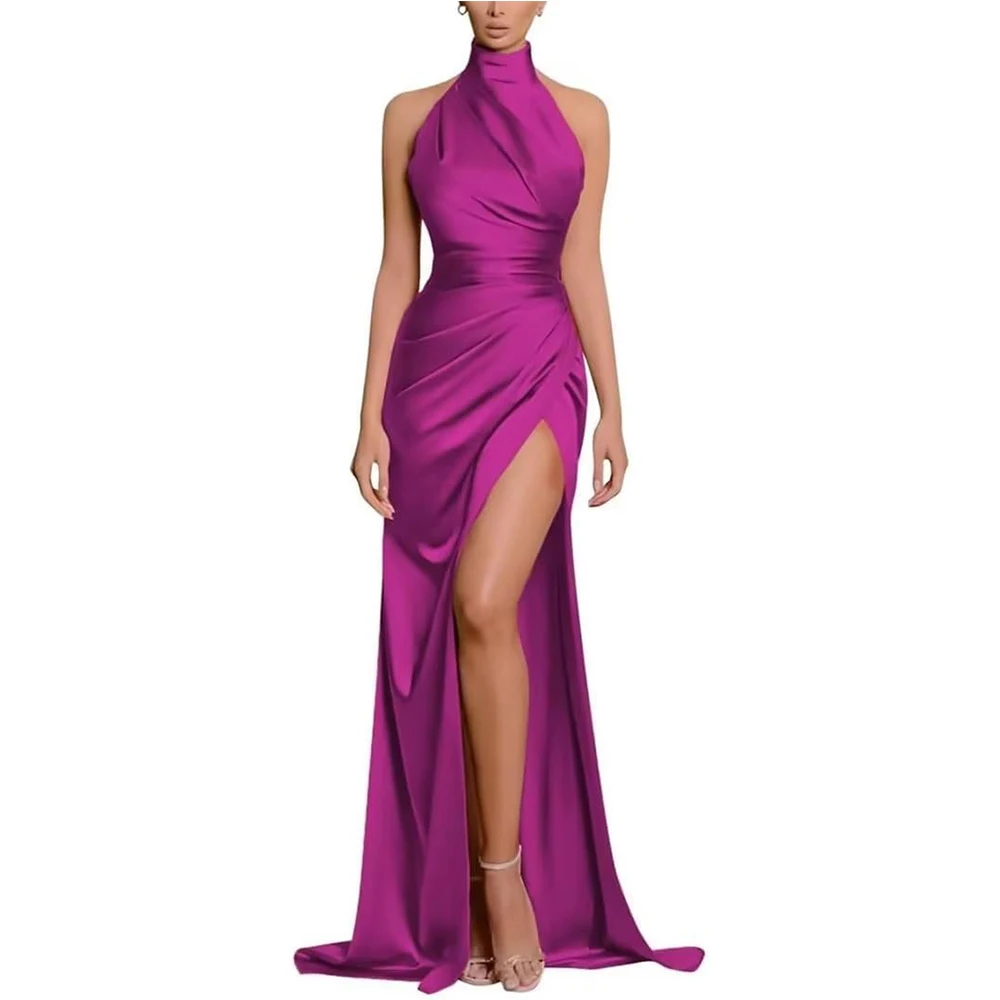 Simple Satin Summer Beach Women Maxi Dress Sexy Halter Neck Side Slit Folds Bodycon Dresses for Female Casual Party Dress