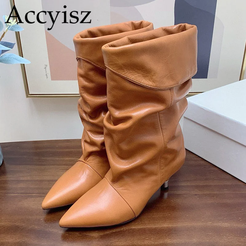 

Autumn Winter Genuine Leather Pleated Knight Boots Women's Pointed Toe Mid Heels Ankle Boots Low Heels Fashion Short Botas 2024