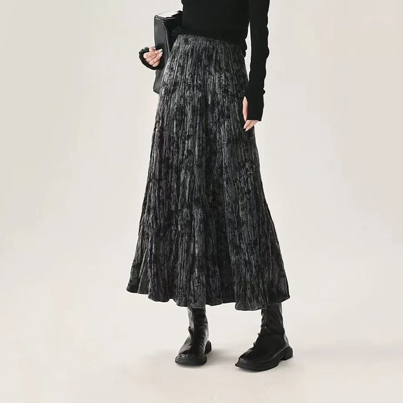 Koreanische Chic Falten Midi Rock Frau Herbst Hohe Taille Tie Dye Casual Rock Y2K Winter Elegante Büro Dame Alle Spiel EINE Linie rock