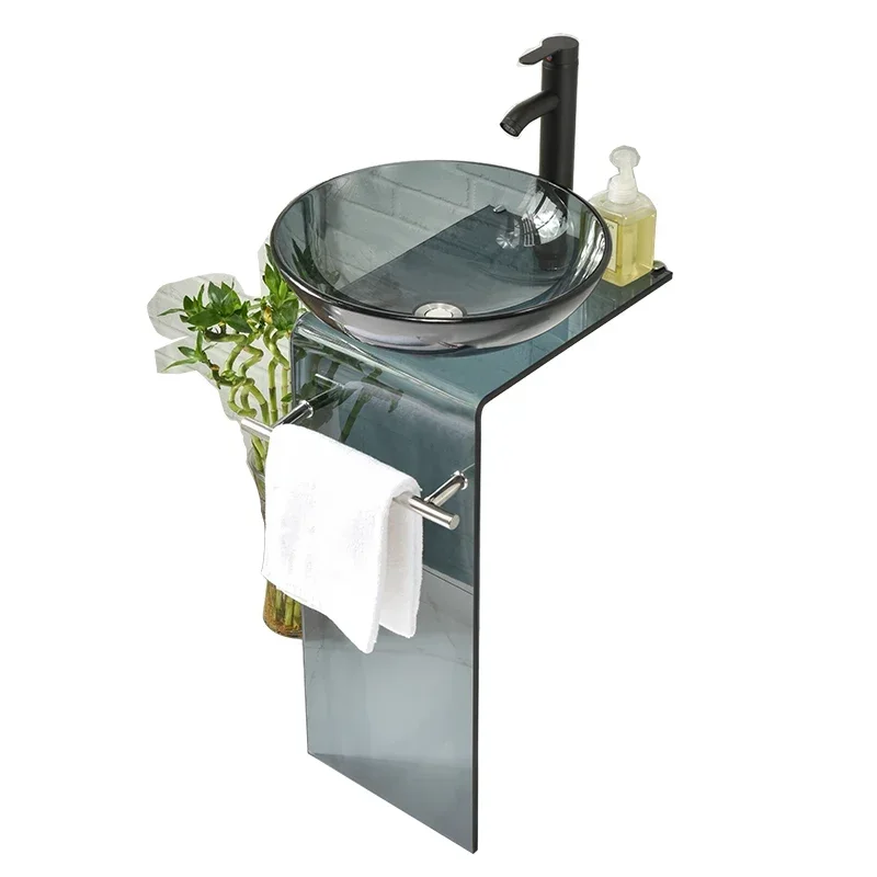 Glass Wash Inter-Platform Basin Household Bathroom Washbasin Cabinet Combination Balcony Floor Sink