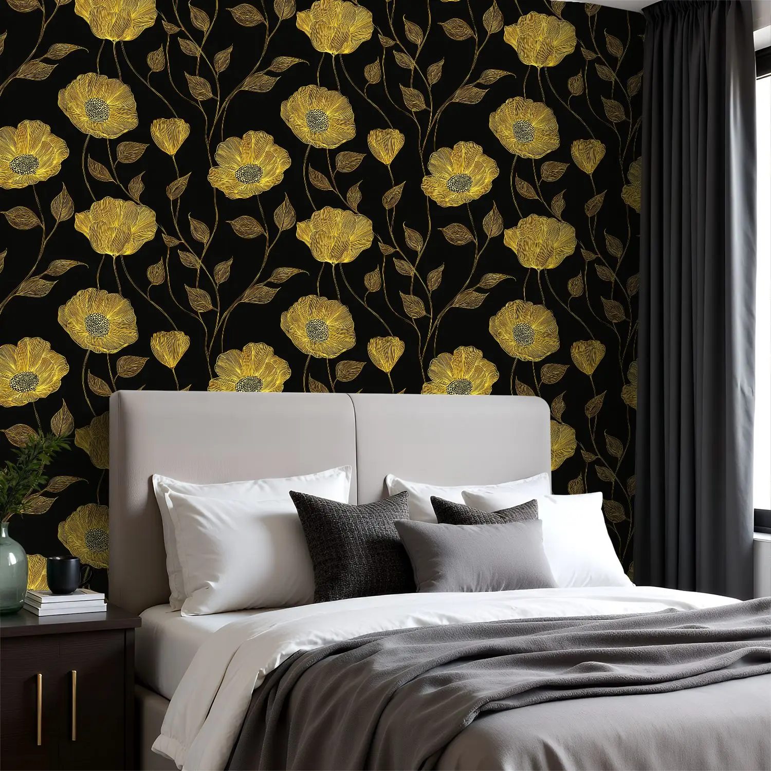 Geel Bloemen Lijntekeningen Zwart Behang 22.83 "X 118" Waterdicht Behang voor Woonkamer/Slaapkamer/Badkamer PVC Muursticker
