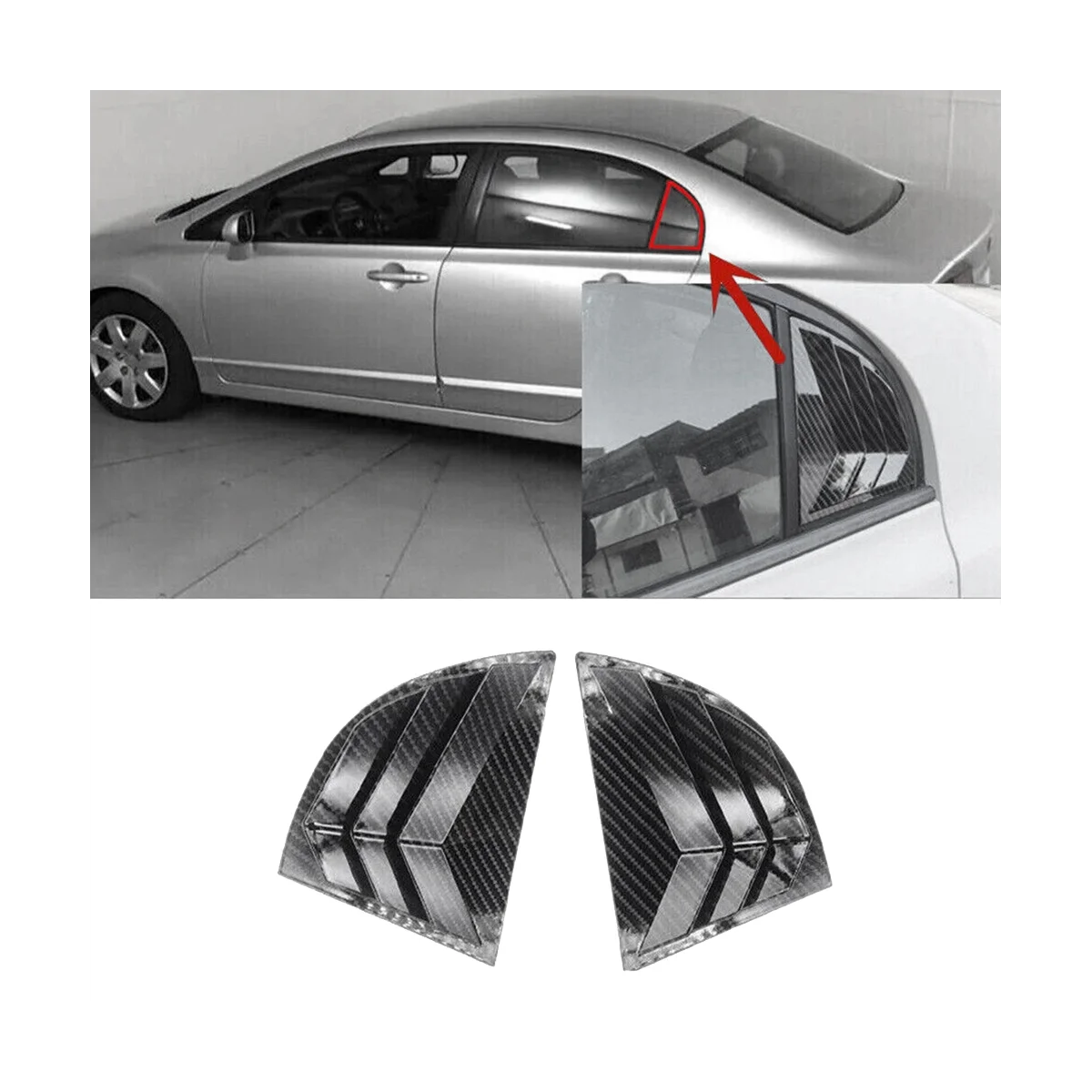 1Pair Car Rear Window Shutter Cover Trim for Honda Civic Sedan 8Th 2005-2011 Side Louver Trim Panel Vent Sticker B