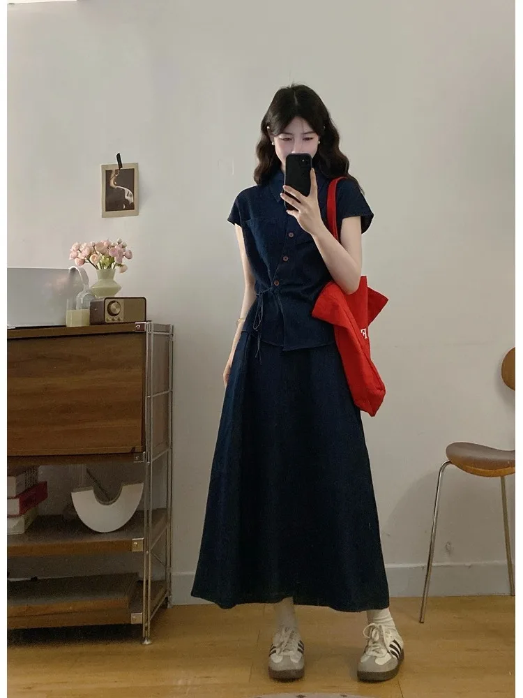 

plus Size Fashionable Denim Shirt And High Waist Skirt Set Summer New Design Sense Waist Cinch Short Sleeve Korean Style