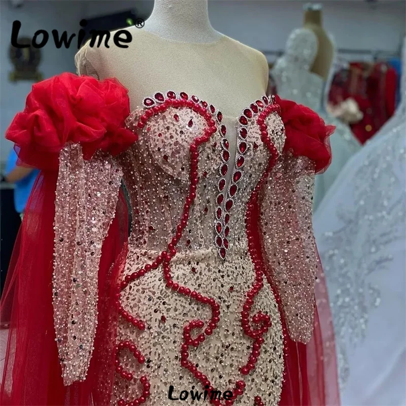 Elegant Arabic Red Evening Dresses Long Sleeve Ruffles Crystals Beaded Wedding Events Party Dress Long Mermaid Prom Gowns Robes