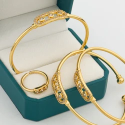 Luxury Gold Color Bangle with Ring Set for Women Elegant Design Cuff Bracelet Finger Ring Set for Engagement African Jewelry