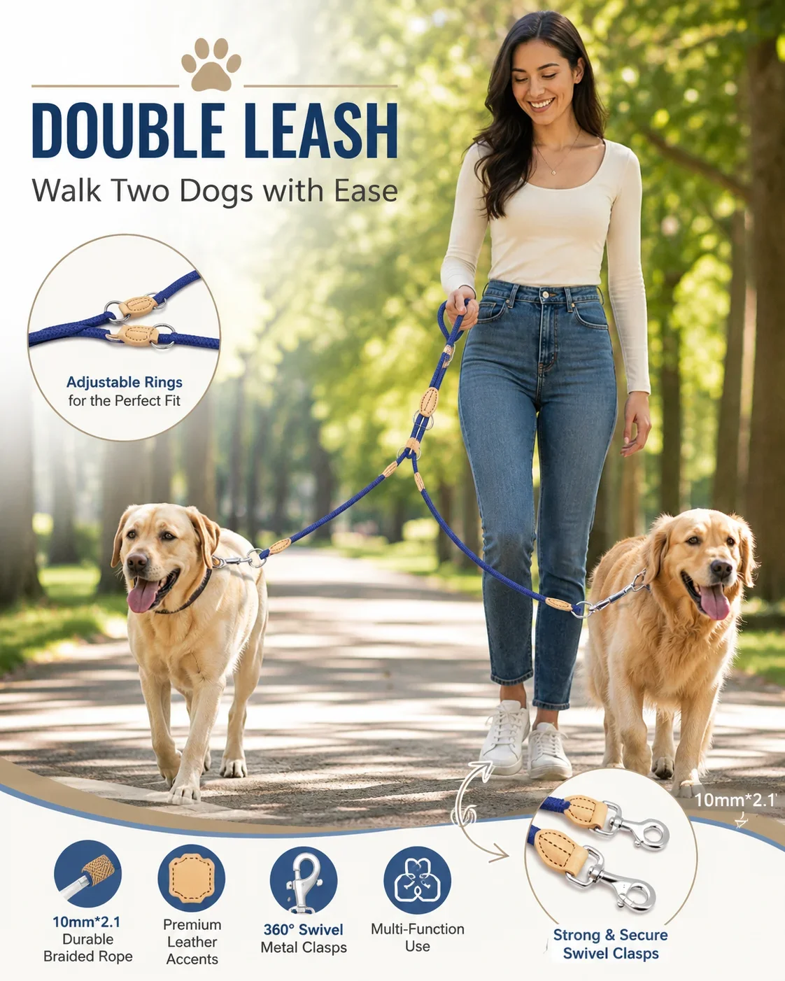 Multi-Function Double-End Dog Leash, Genuine Leather Adjustable Size, Crossbody Dog Walking Rope