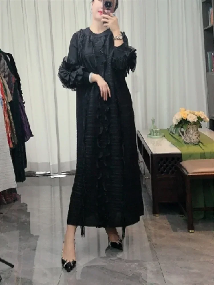 Miyake Pleated Dress For Women Autumn Shawl Collar Ruffles Lace-Up Belt High Stretch Oversized Loose Vintage Robe Maxi Vestidos