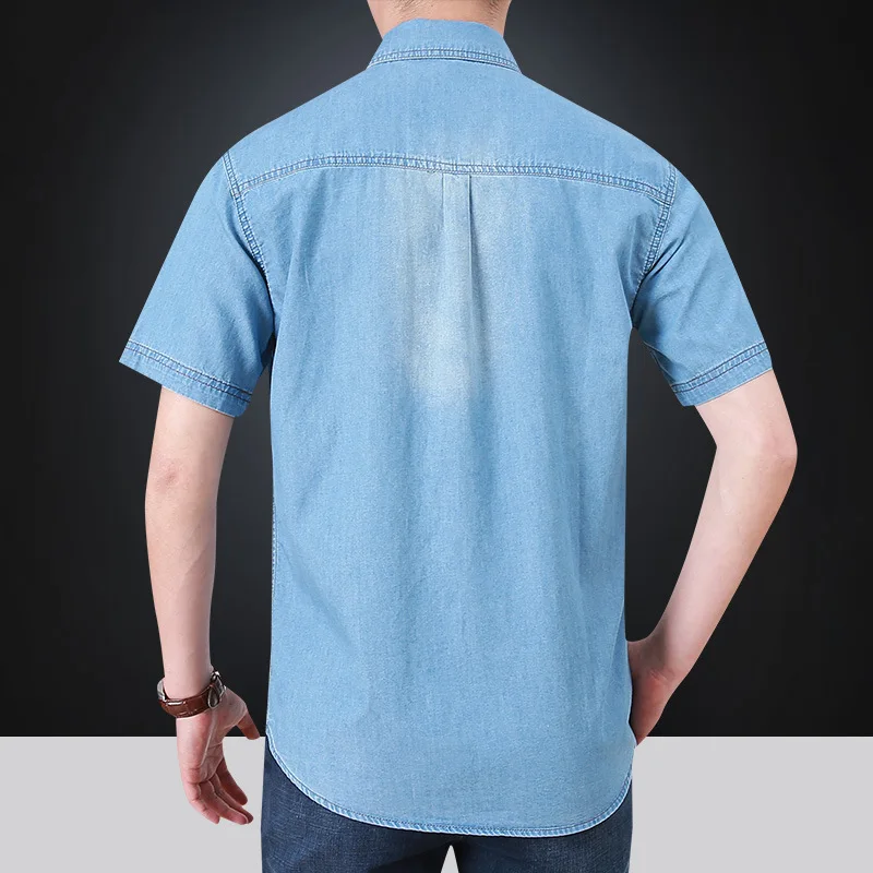 2023 Summer New Simple Polo Collar Men Denim Short Sleeve Shirt Comfortable Thin Mens Top Casual Loose Male Shirts