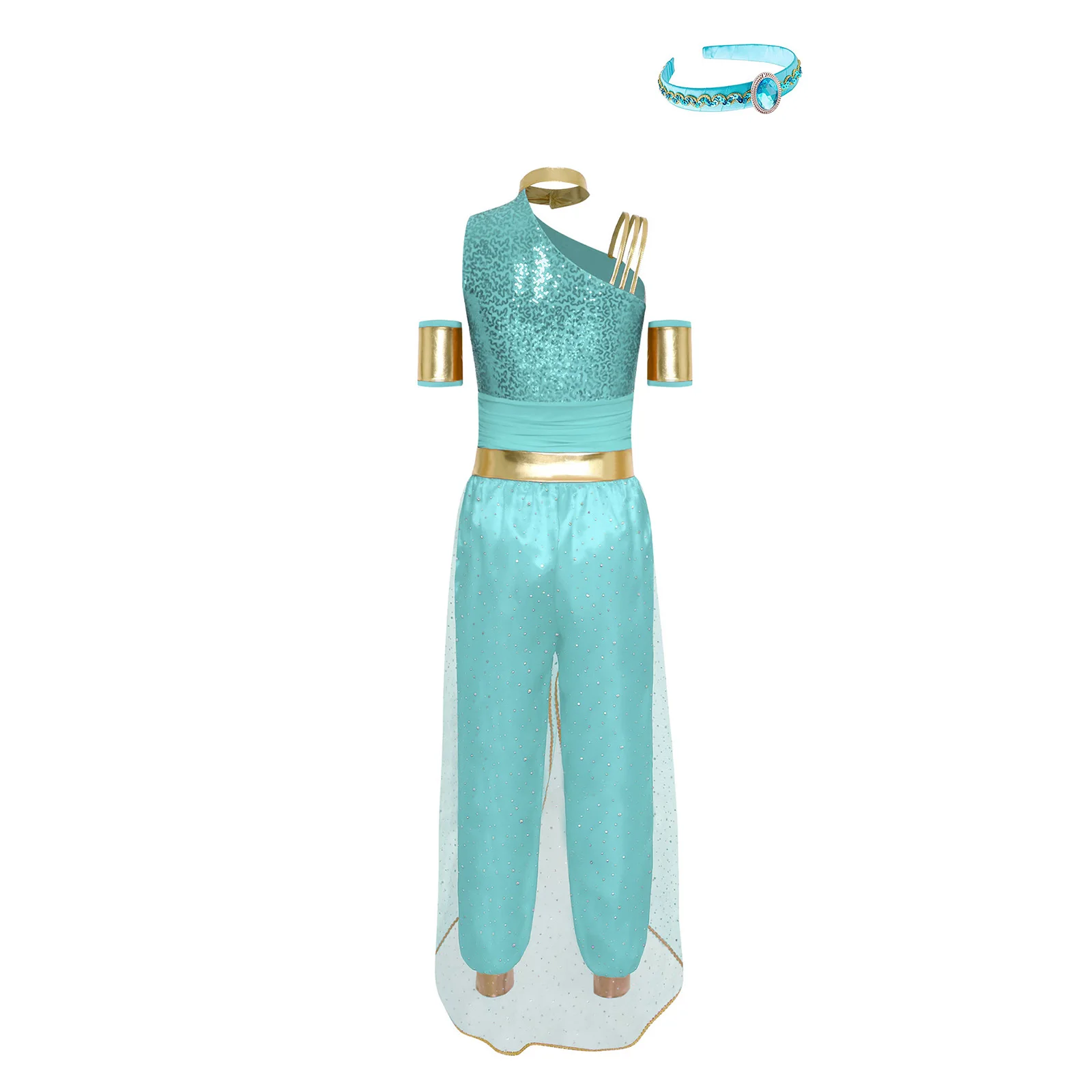 أزياء الأميرة العربية للمهرجانات النسائية، بدلة ديكور جوهرة الرقص الهندي مع أغطية الرأس والأكمام، ملابس تنكرية للهالوين