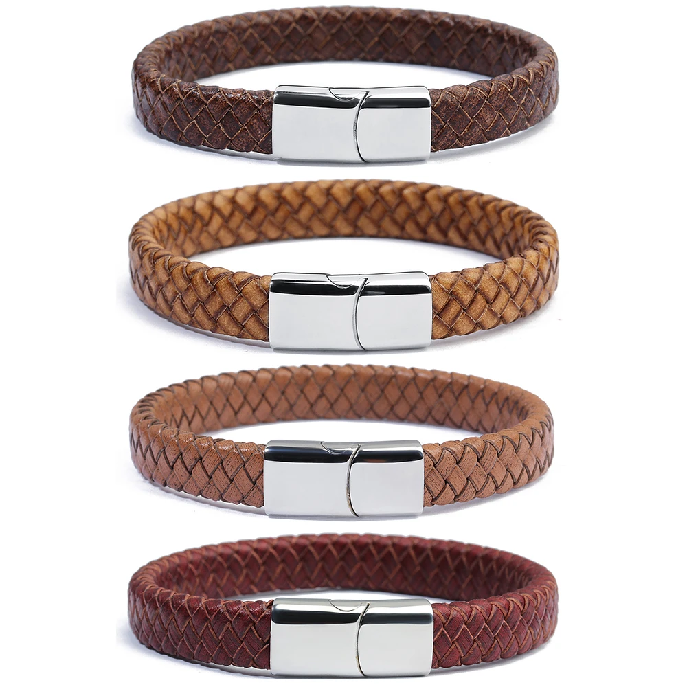 1pc 20g 18.5/20.5/22cm Wine Red Leather Rope Stainless Steel Magnetic Buckle Vintage Leather Bracelet For Men Women Jewelry Gift