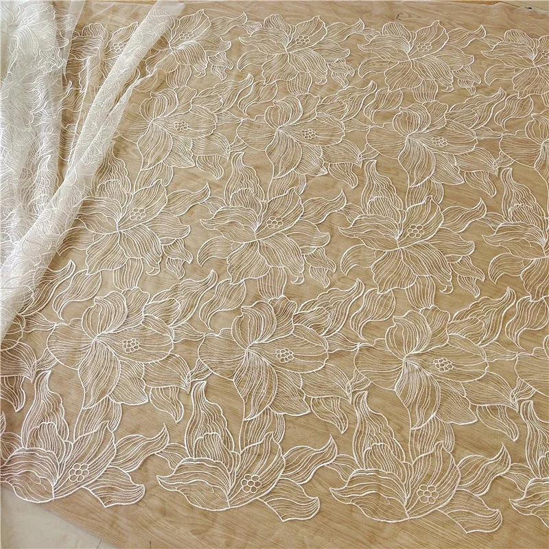 Off White Tulle / Net Flower Embroidery French Bridal Wedding Dress Lace fabric DIY Sewing Fabric Designer Fabric By The Yard