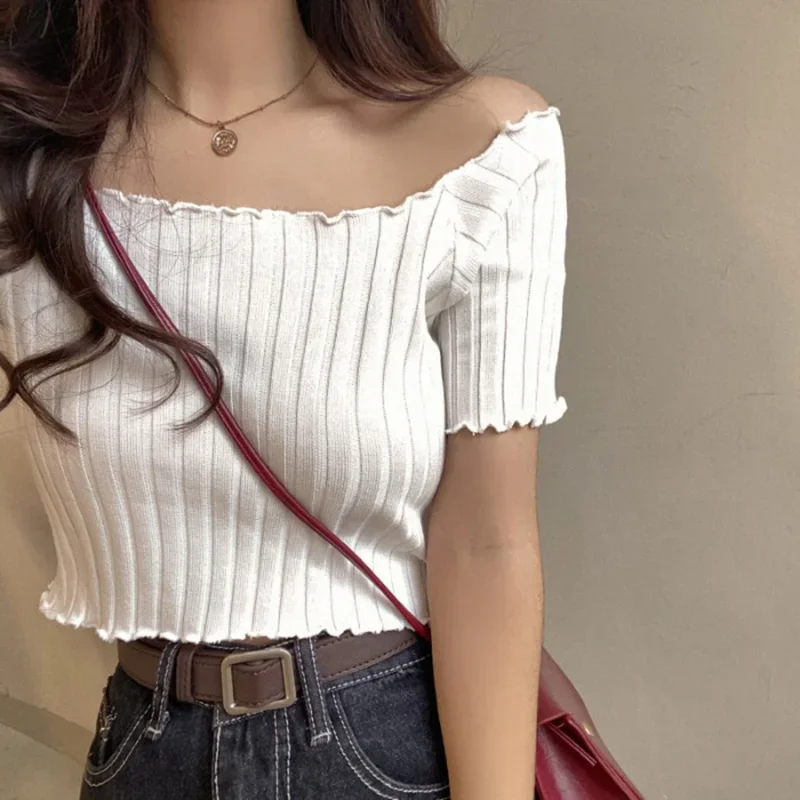 

Summer Short Sleeve Stretchy Ruffles Hem T-shirts Stripes Tops for Women Female T-shirts Off Shoulder Knitting Crop Tops Slim