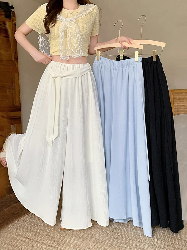 

Fashionable plus Size Wide Leg Pants Casual Belted Hip Concealing Slimming Skirt Pants for Women Summer Breathable Comfortable