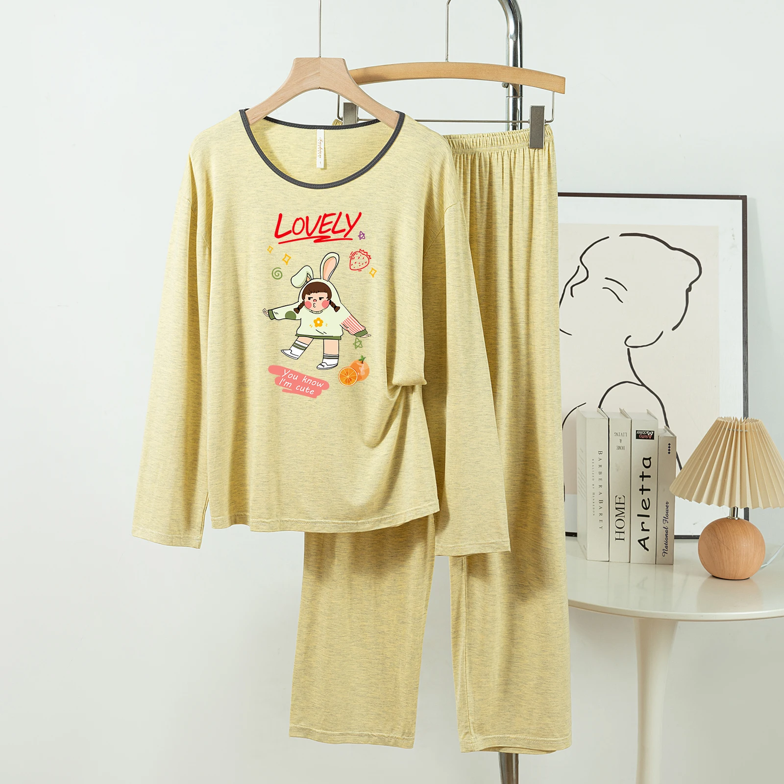 

5181-304 Casual and Comfortable Modal Cotton Pajamas for Women, New Spring and Autumn Long-Sleeved Long Pants Solid Color Casual