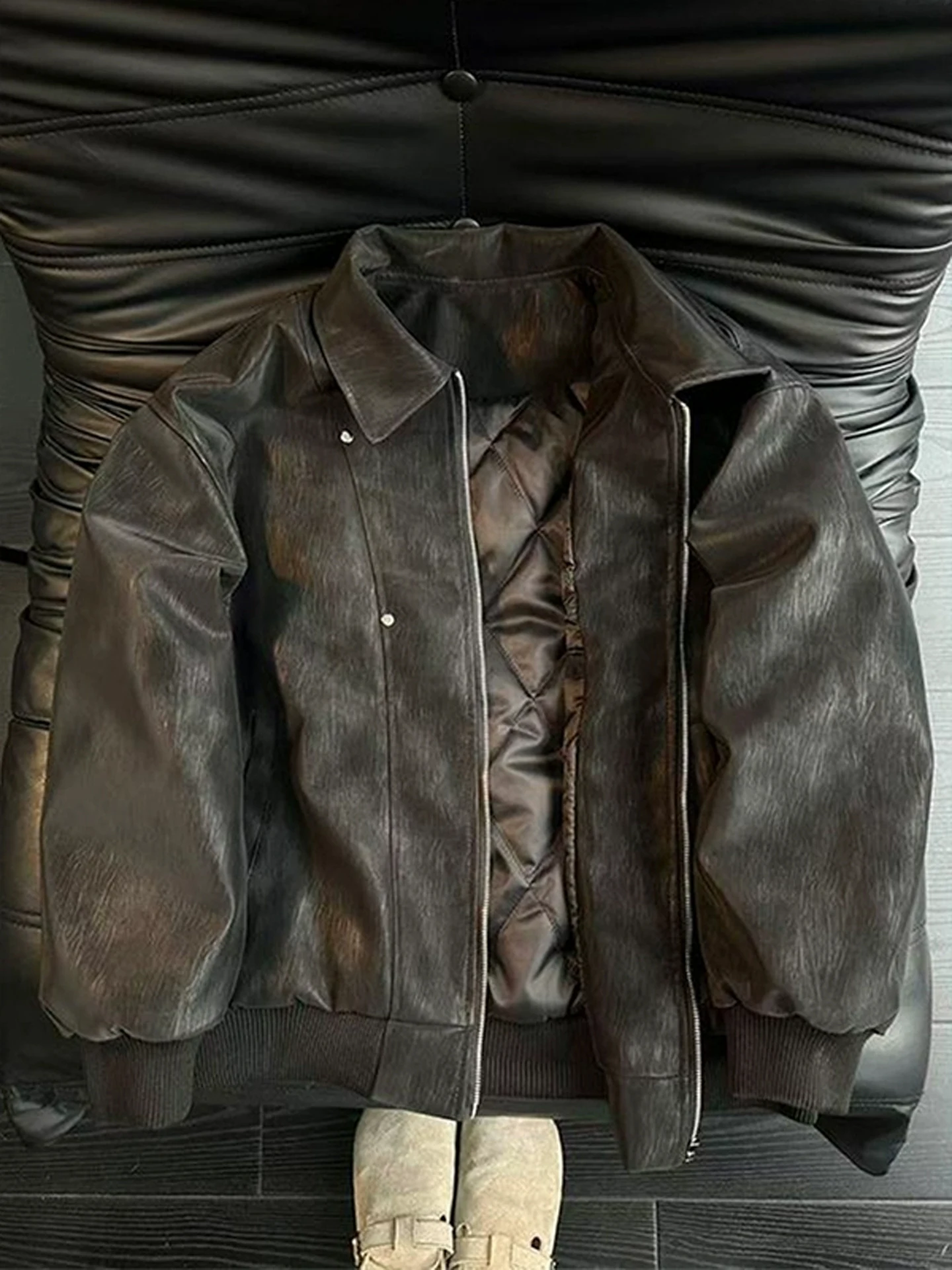 

Thiened Bla Dyed PU Leather Cotton Jaet Men's Winter Coat Stand Collar ort Length Baseball Sle Faionable Youthwear