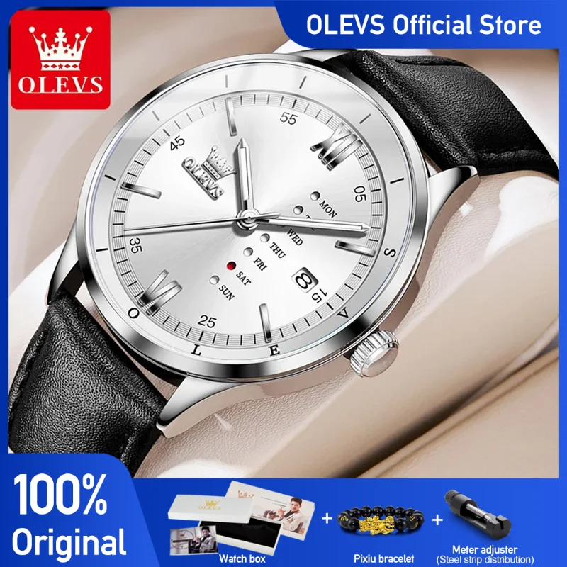 OLEVS Men\'s Watches Minimalist Fashionable Original Quartz Watch for Man Comfortable Leather Strap Waterproof Luminous Date Week