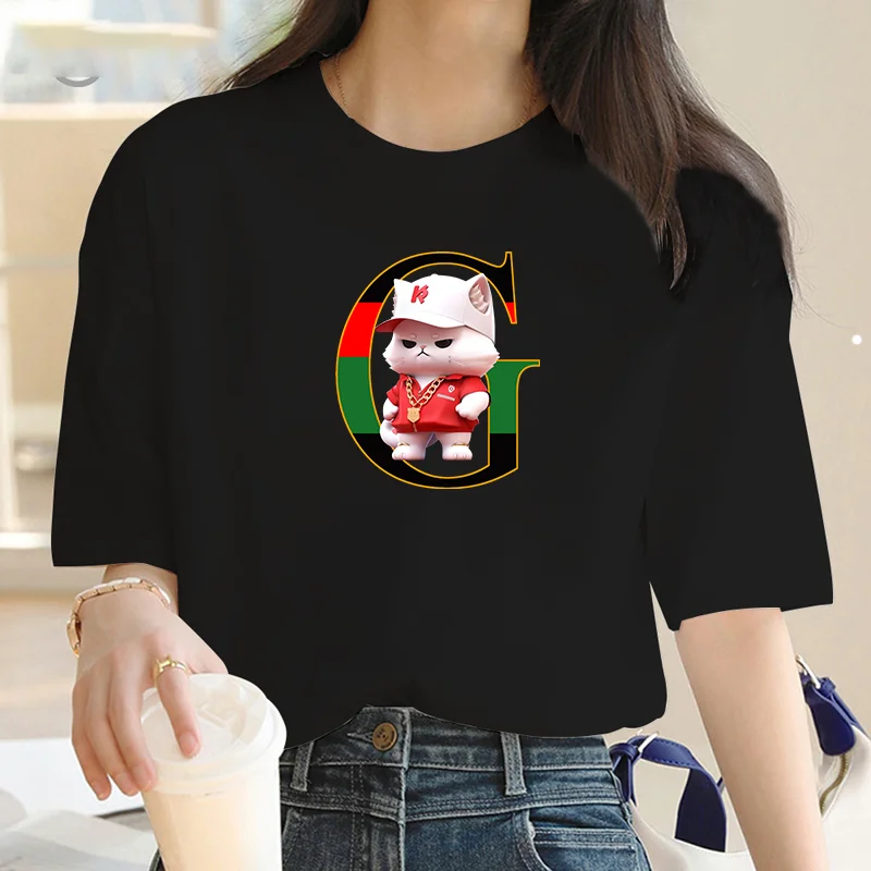 White basic cartoon cool cat print women's T-shirt Summer new S-5XL T-shirt Casual loose T-shirt O collar women's top