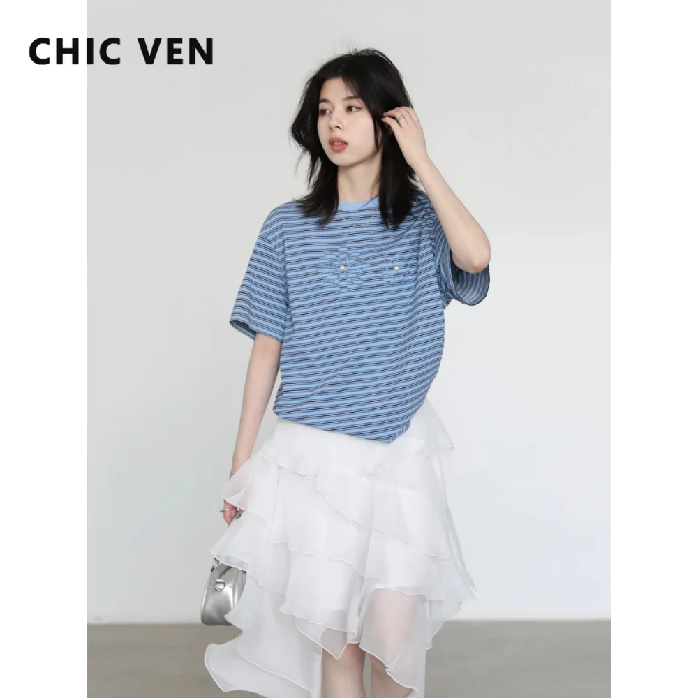 CHIC VEN New Women T-Shirts Loose Casual O Neck Embroidered Flower Tshirt Striped Short Sleeved Female Top for Girl Summer 2026