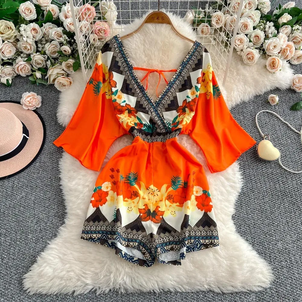 

Богемный комбинезон 2026: Новинка лета, пляжный, с принтом, открытыми плечами, на завязках, с завышенной талией, повседневный, женский, уличный стиль