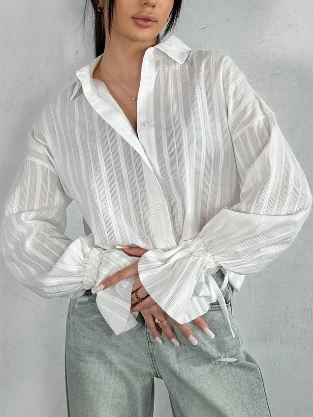 

Women's Shirt Stand Collar Button up Long Sleeve Bell Sleeve Tie Waist Floral Embroidery Spring Autumn Fashion New Top