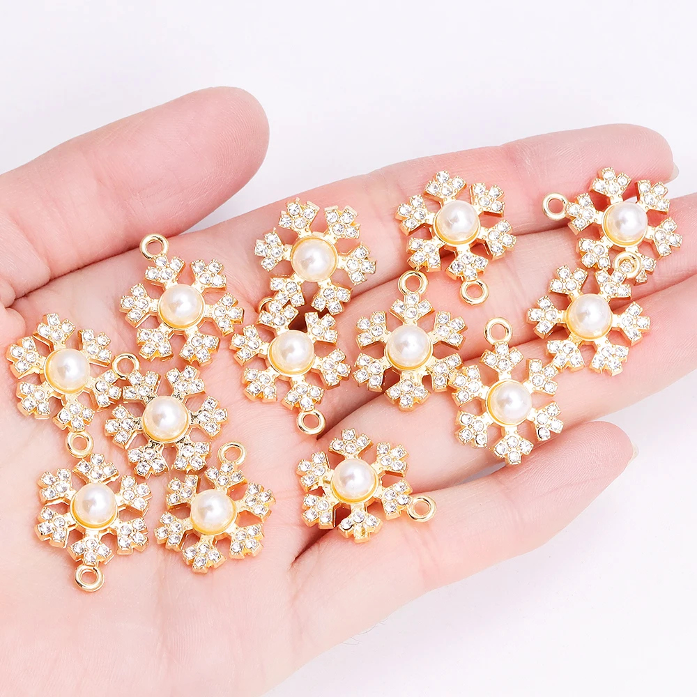 10Pcs Delicate Pearl Zircon Snowflake Pendant Alloy Metal Charms for Diy Jewelry Making Necklaces Earrings Craft Accessories