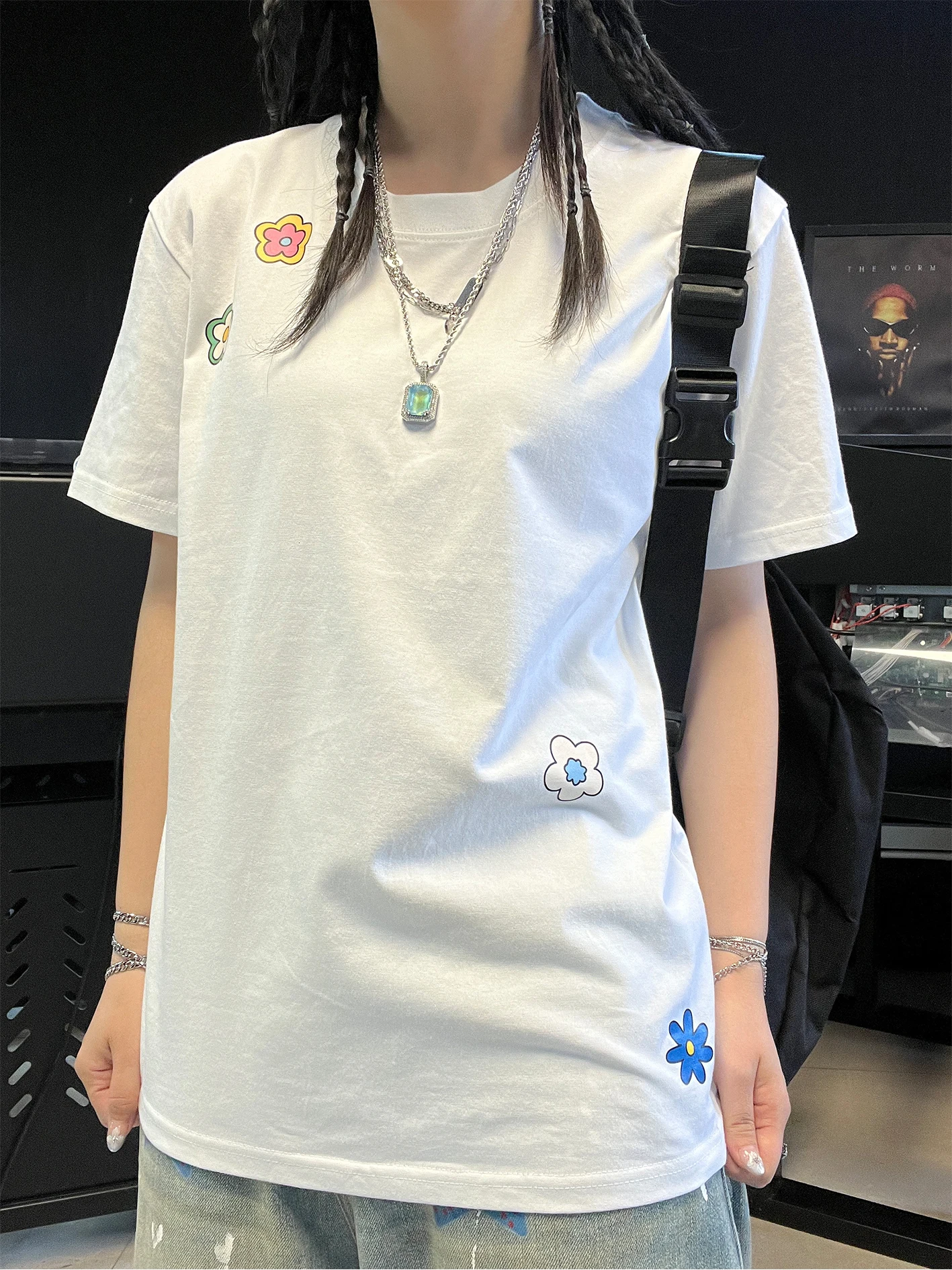 

Heavyweight 260G Simple Floral Student INS Couple Short Sleeve T-Shirt Men's Fashion Casual Cotton Polyester Elastic Fiber