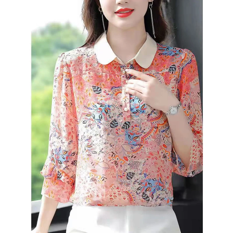 Women Floral Print Beaded Button Shirts Spring Summer Fashion Elegant Loose Blouses Ruffles 3/4 Sleeve Chic Tops Blusa Feminina