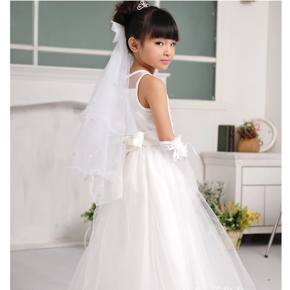 Girls White Dress Lace Mesh Princess Dresses for Party Wedding Flower Bow Belt Children\'s Party Clothes