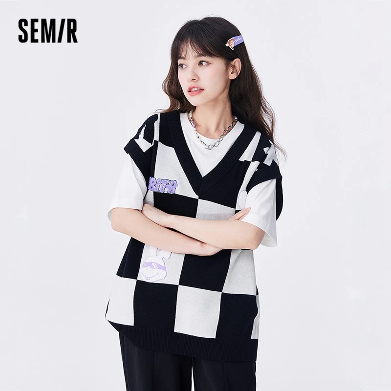 Semir Women Vest Autumn New Mid-length Checkerboard Rabbit Embroidery Sweater Sweet Loose V-neck Vest for Women