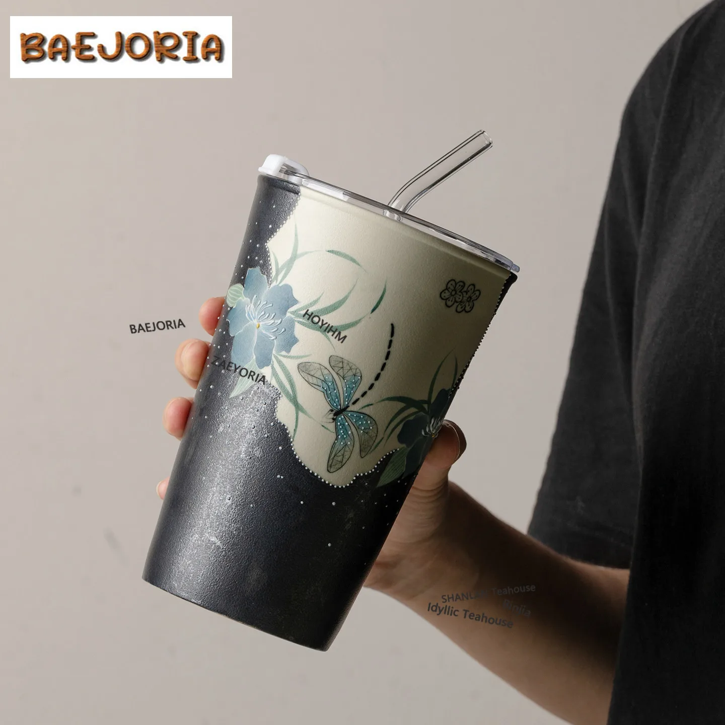 BAEJORIA 700ml Ink Porcelain Hand Painted Dragonfly Cola Mug Bubble Teacup Cold Hot Water Jug Hand Warmer Drinkware Ornaments