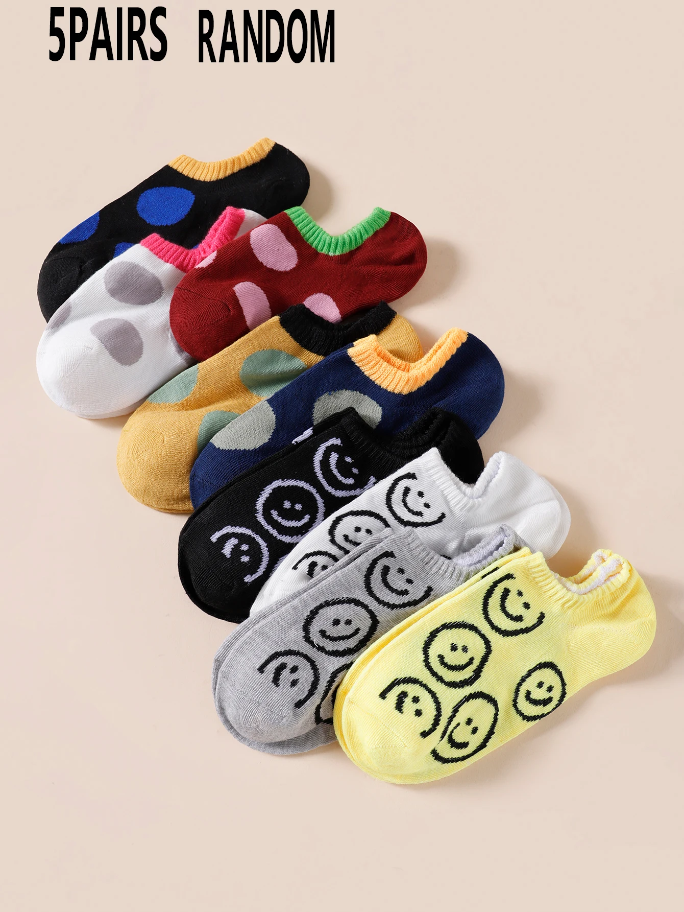 5 Paar zufällige Damen-Socken ohne Sichtbarkeit, niedliches Smiley-Punktemuster, atmungsaktiv, schweißabsorbierend, lässig, passend zu allen Anlässen, unsichtbare Socken