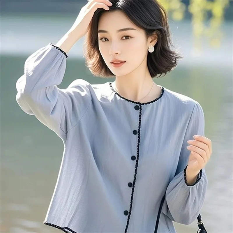 Sehr schönes Damen-Hemd, neu, 2025, Frühling, Sommer, Rundhalsausschnitt, blaues Ingwer-Hemd, Mantel, Oberteil, eleganter Sonnenschutz-Mantel, Jacke, weiblich