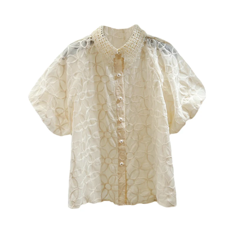 

Embroidered Bubble Sve Translucent Single Button Women's irt Summer New Design Casual Loose Fit ort Sve Ne