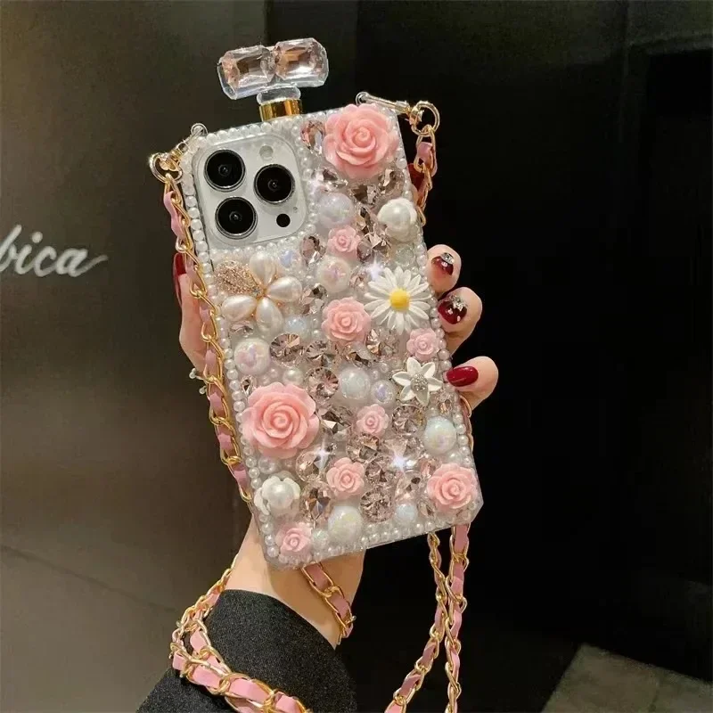 

Perfume Flower Pearl Bottle Wrist for iPhone 16 Case with Rhinestone Jewels For 15 14 13 12 Pro 16Pro Max