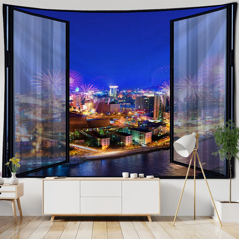 Window landscape printed tapestry hanging on the wall room art decoration hippie bohemian wall decoration home yoga bed sheets