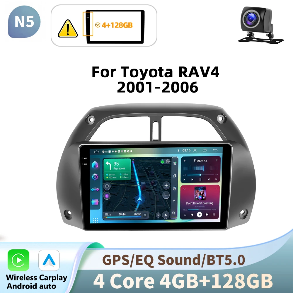 Podofo draadloze CarPlay voor Apple Android Auto autoradio voor Toyota RAV4 2001-2006 2din GPS multimedia touchscreen