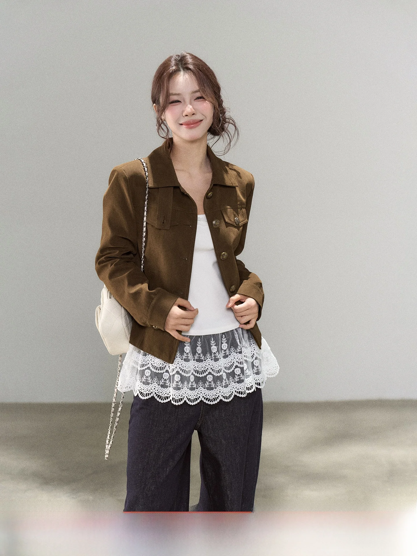 

Faionable Brown Casual Collar ort Jaet Women's Loose Fit Sle Commute Wind Autumn New Arrival Small Wild Berries