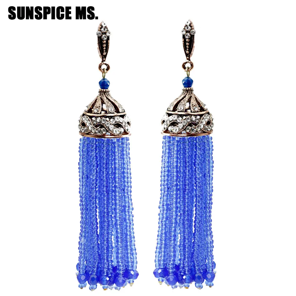 Sunspicems Bohemia Long Hook Beads Drop Earring For Women Turkish Natural Stone Tassels Earring Arabic Bride Wedding Jewelry