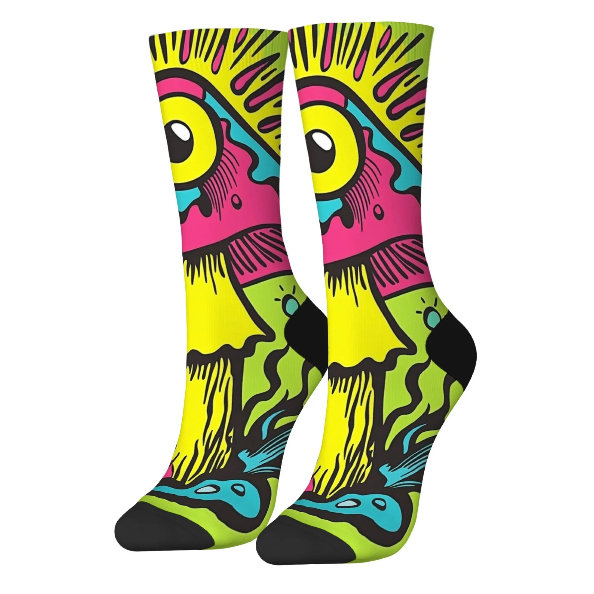 

Cartoon Graffiti One-eyed Mushroom Socks Colorful Whimsical Fungi with Big Goggle Eyes Neon Yellow for Playful Casual Fashion